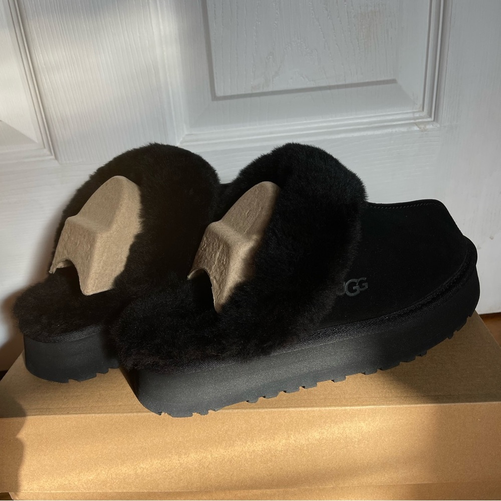 Platform black ugg slippers